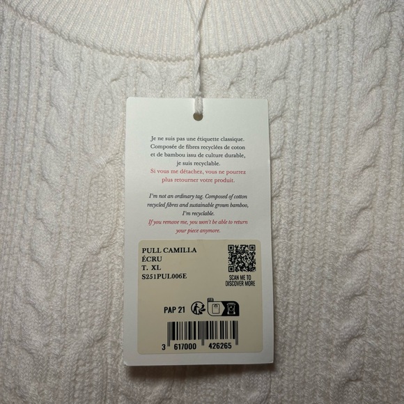 NWT Sezane Camilla Pullover Sweater Button Detail Bell Sleeves Cream Size XL - Picture 8 of 8